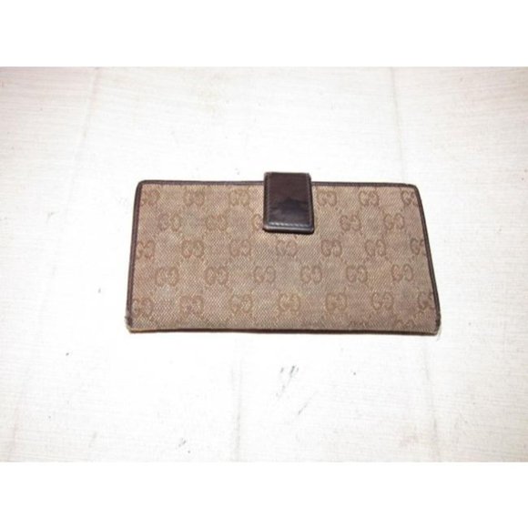Gucci Brown Large G Logo Print Canvas And Brown Leather Vintage Wallet - Picture 4 of 12